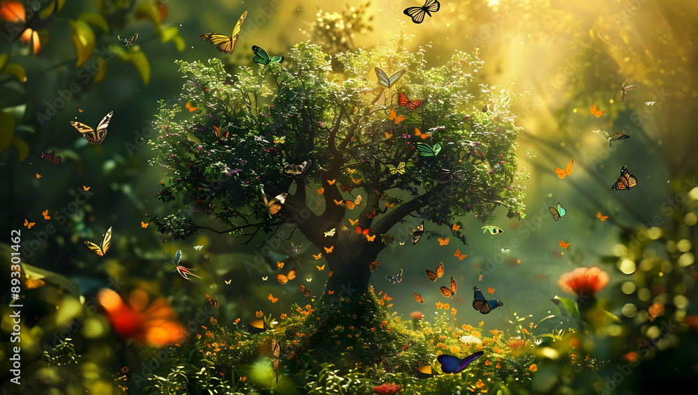 Poster enchanted forest scene with a magical tree surrounded by butterflies in a mystical light creating a 
