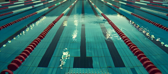 Empty swimming pool lane lines in competition swimming pool, reflecting lights on water surface, inviting for swim training or race.