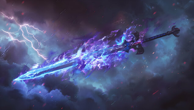 Epic fantasy illustration of a mystical sword emitting blue energy in a stormy sky with lightning.