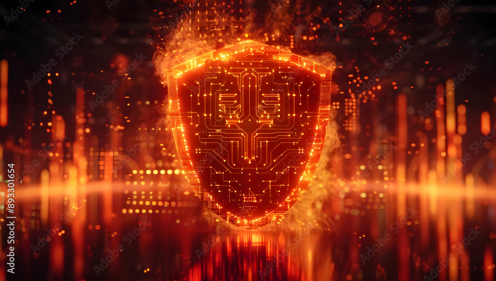 Poster futuristic digital shield with fiery effects in a cyber environment symbolizing advanced cybersecuri