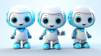 Fototapeta premium Three Cute robot friendly digital assistant character with glowing blue lights