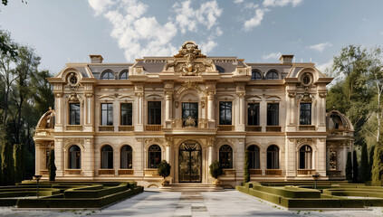 Obraz premium Grand historic mansion with exquisite architectural details, large windows, and lush landscaping, set against a bright blue sky with clouds.