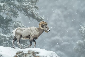 A male Big Horn Sheep (Ram) walks across the ridge-line during a snowstorm