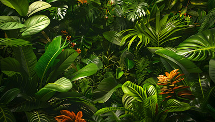 Fototapeta premium Lush tropical foliage with vibrant green leaves and pops of orange flowers, creating a dense jungle scene full of natural beauty and abundance.