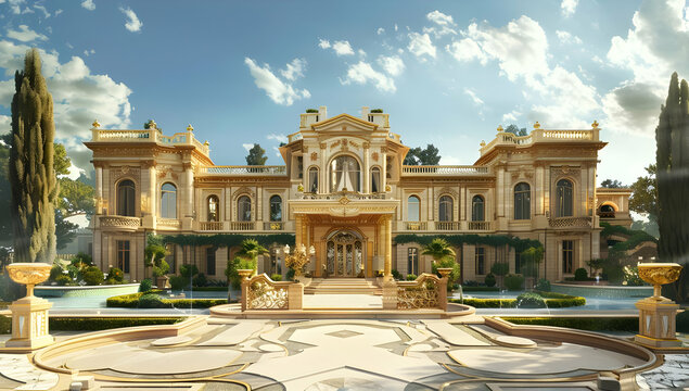 Luxurious European-style mansion with grand architecture and beautiful gardens under a clear sky.