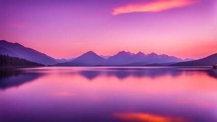Fototapeta premium A sunset over a serene lake with mountains in the background, with the sky painted in hues of orange, pink, and purple