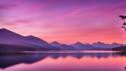 Fototapeta premium A sunset over a serene lake with mountains in the background, with the sky painted in hues of orange, pink, and purple