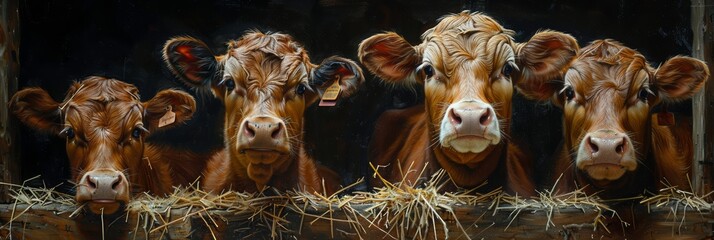 Portrait of cows red jersey stand in stall eating hay. Dairy farm livestock industry.