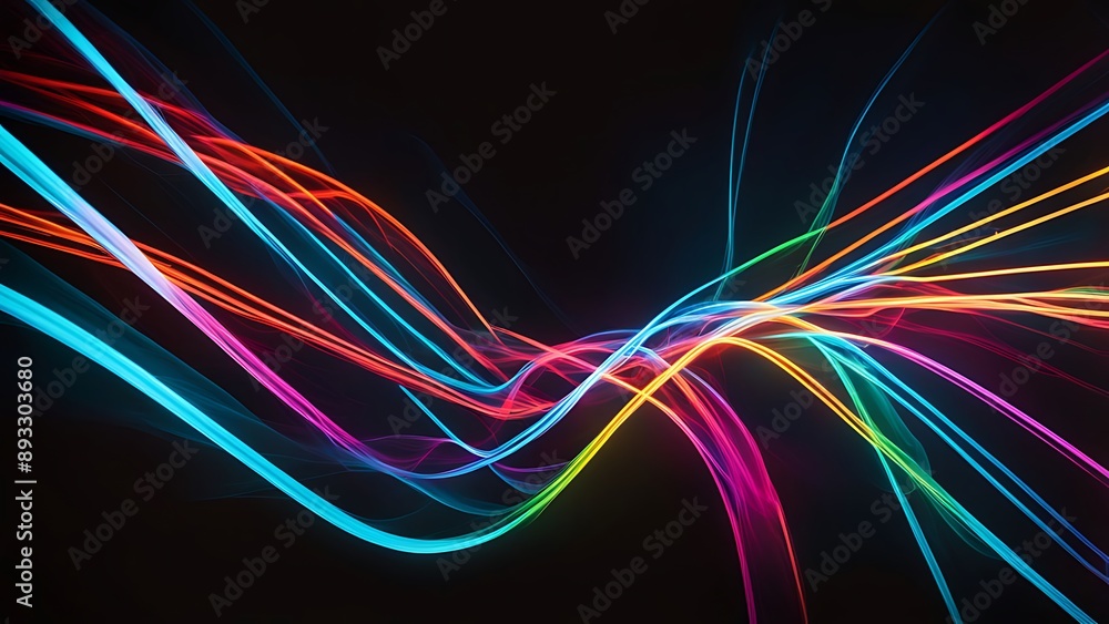 Poster colorful neon light trails against a dark background, creating a dynamic and energetic visual effect