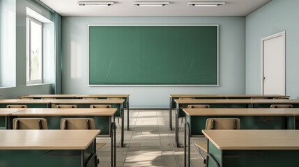 Minimalist classroom with a clean, empty green chalkboard at the front