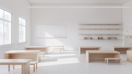 Minimalist classroom with white walls, light wooden desks, and minimalist shelving