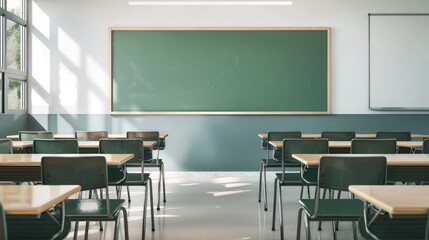 Minimalist classroom with a clean, empty green chalkboard at the front