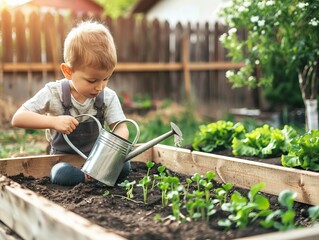 Nurturing the Garden: A Boy's Springtime Care for his Vegetable Patch