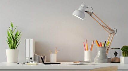 Minimalist home office setup featuring a clean desk, sleek lamp, and essential school supplies