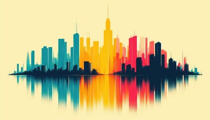 Fototapeta premium Vivid Reflections: Cityscape Illustrated in Bold Colors