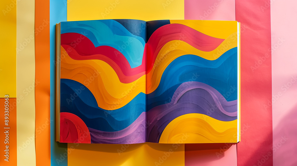 Poster open book with abstract colorful wave design on striped background