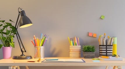 Minimalist home office setup featuring a clean desk, sleek lamp, and neatly arranged school supplies