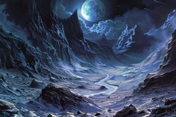 Mystical moonlit mountain landscape with river