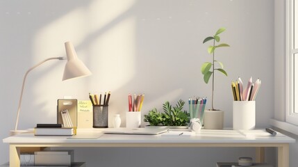 Minimalist home office setup featuring a clean desk, sleek lamp, and essential school supplies