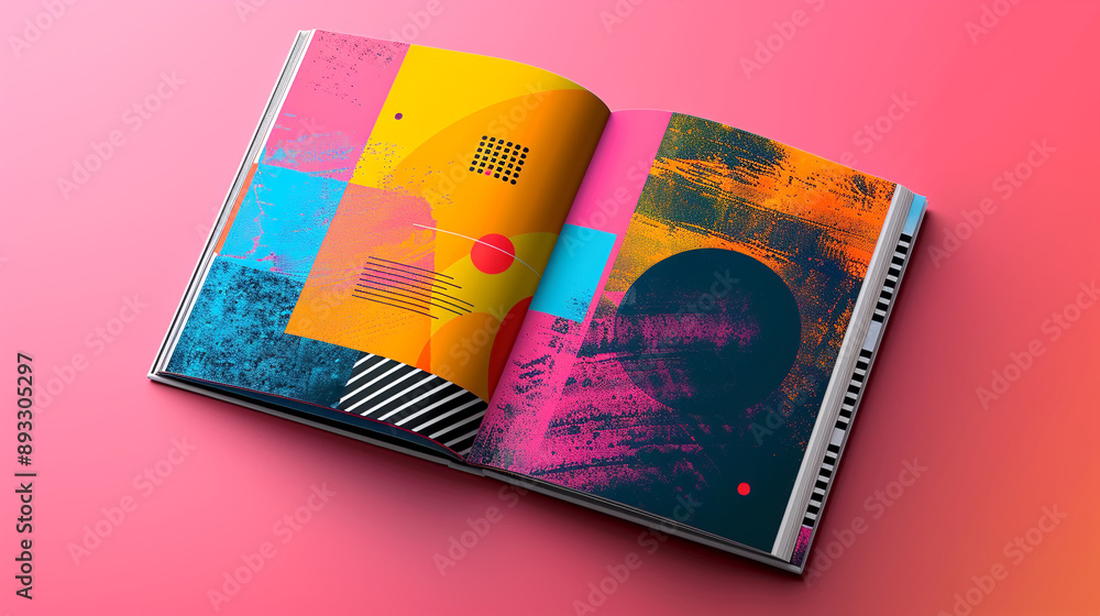 Poster open book with colorful abstract geometric patterns on a pink background