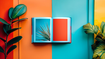 Open book against colorful wall with tropical plants