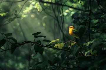 A Prothonotary Warbler sings its heart out while perched deep in woods