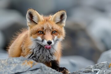 A Red Fox Kit sticks its tongue out for the camera