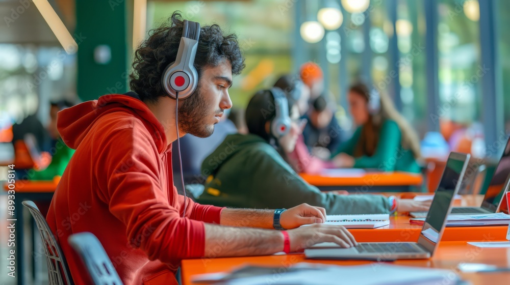 Poster in the university library, a focused student wears headphones, concentrating on studying with a lapt