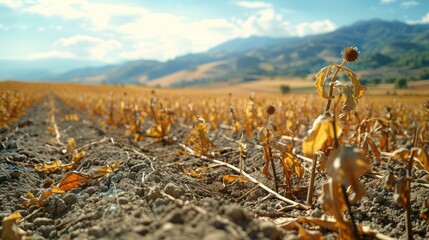 A Field of Dead Plants in the Middle of a Sunny Day With Mountains in the Background - Generative AI