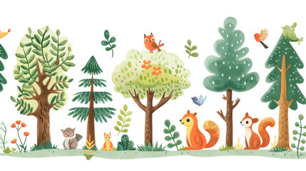 動物がたくさんいる森のイラスト