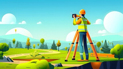 Surveying and mapping flat design side view land surveying theme cartoon drawing Triadic Color Scheme