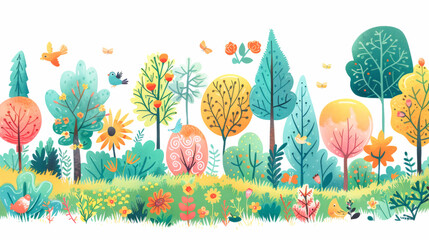 Naklejka premium 動物がたくさんいる森のイラスト