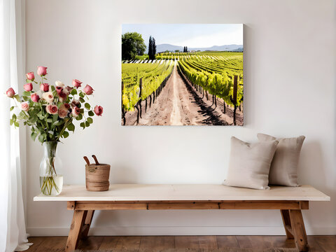 Canvas photo print with gallery wrap and flowers in vase, interior decor. Landscape photography hanging on white wall. picture with vineyard