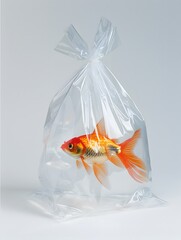 Goldfish in a Clear Bag of Water on White Background


