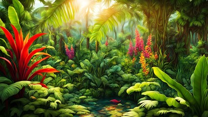 Obraz premium Lush tropical jungle with exotic plants and flowers, bathed in warm sunlight and vibrant colors