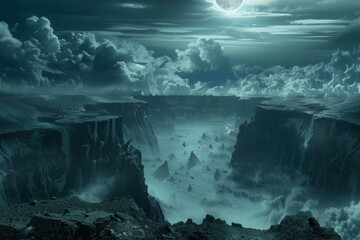 Mysterious landscape with rock formations under a full moon