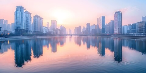 Obraz premium Serene Cityscape with Towering Buildings Reflected in Calm River at Sunset