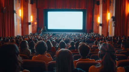 People in the cinema auditorium with Cinema blank wide screen and red chairs in the cinema hall,People silhouettes watching movie performance,empty white screen,space for text.