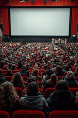People in the cinema auditorium with Cinema blank wide screen and red chairs in the cinema hall,People silhouettes watching movie performance,empty white screen,space for text.