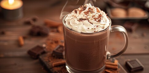 A mug of hot chocolate steams invitingly, topped with a generous swirl of whipped cream and a sprinkle of cocoa. 