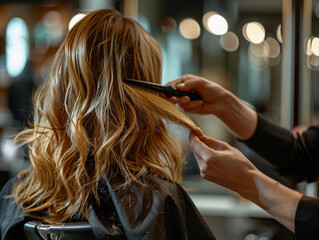 Naklejka premium Woman Getting Her Hair Styled In A Salon