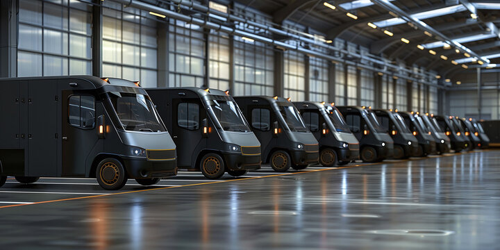 The warehouse has a fleet of electric vans ready to transport goods in an environmentally friendly manner.