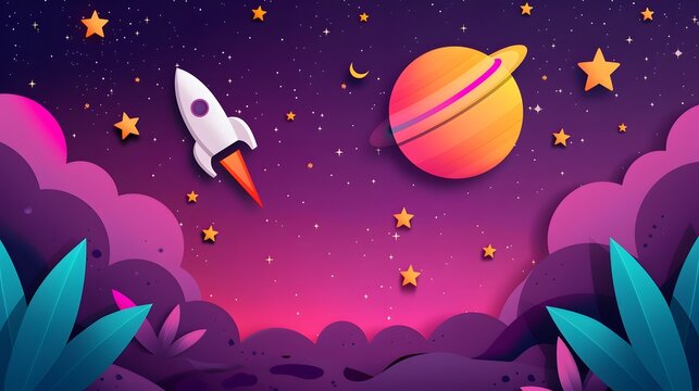 Starry night sky flat design top view space theme cartoon drawing colored pastel
