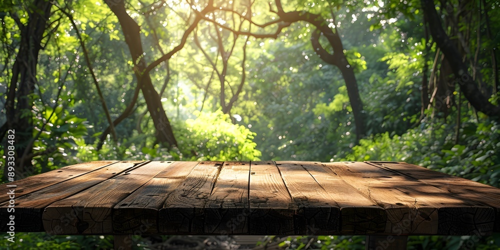 Poster rustic wooden table in lush forest backdrop with copy space for product display