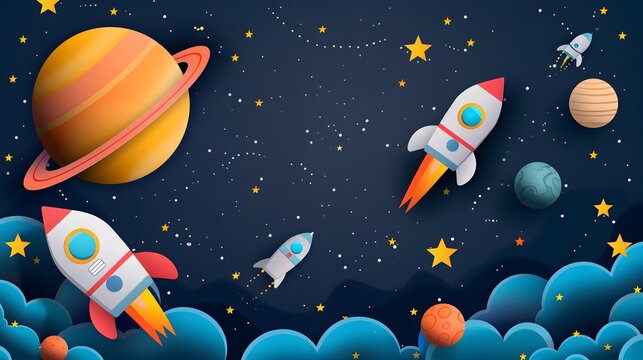 Starry night sky flat design top view space theme cartoon drawing colored pastel