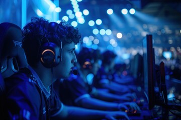 A side view of an e-sports arena, with a row of focused team members