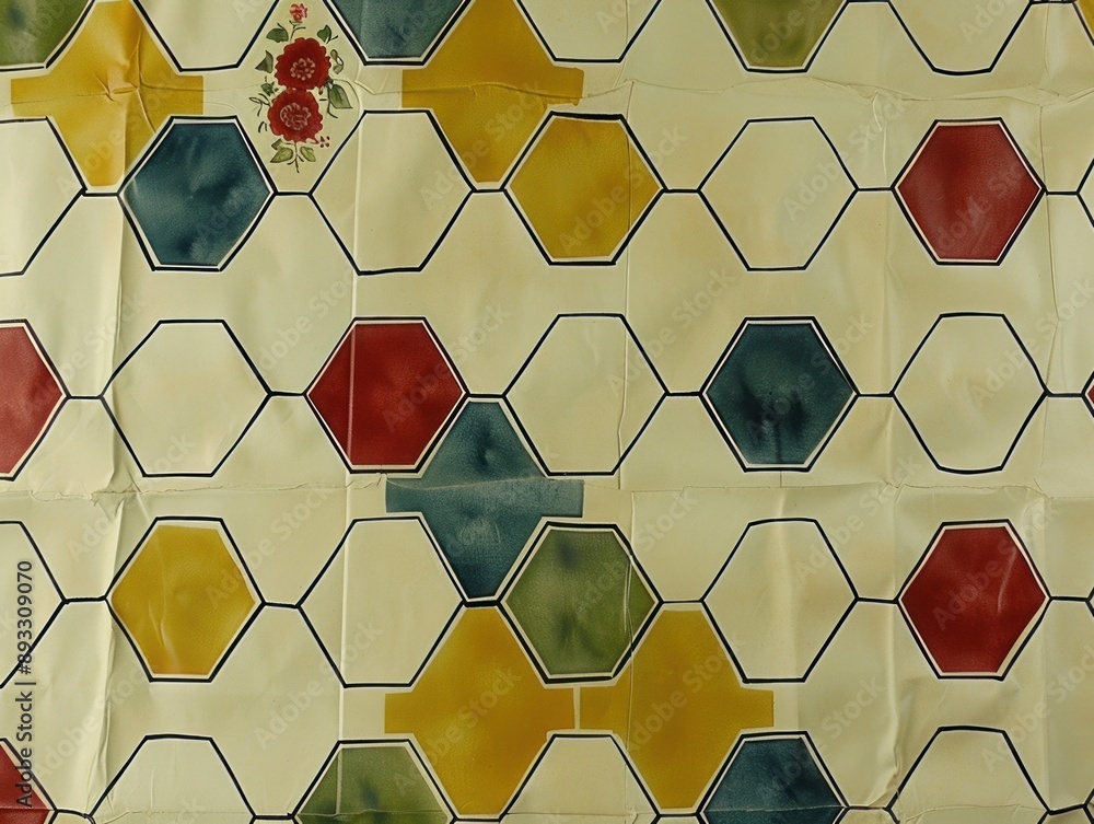 Poster a fabric with a repeating pattern of hexagons in various colors