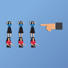Candidate selection to find professional employees, choosing employee candidates for job position, human resources concept, professional businesswoman pointing at chosen candidate for job position