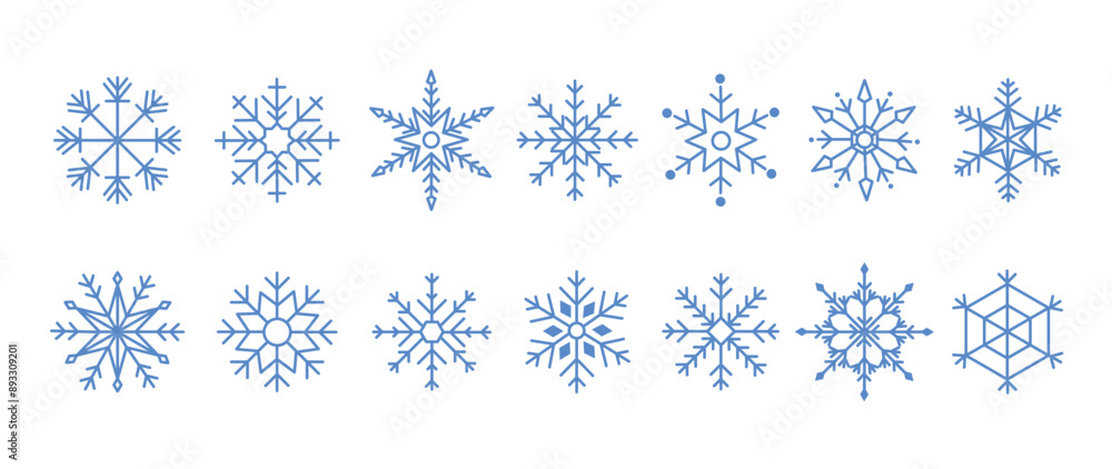 Poster set of snowflakes linear vector icon. geometric snowflake shape, nature and winter related vector sy