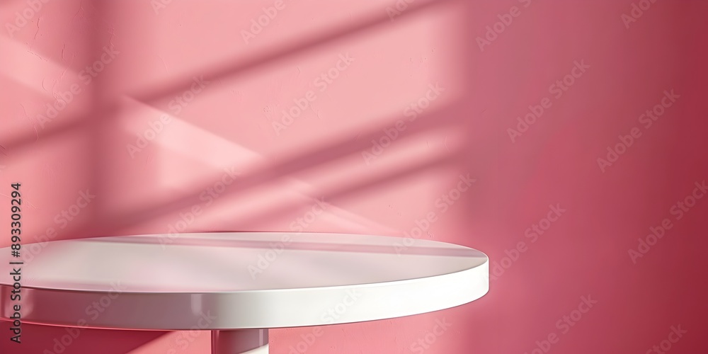 Poster Chic White Table with Glossy Surface Against Soft Pink Background for Product Concept Display